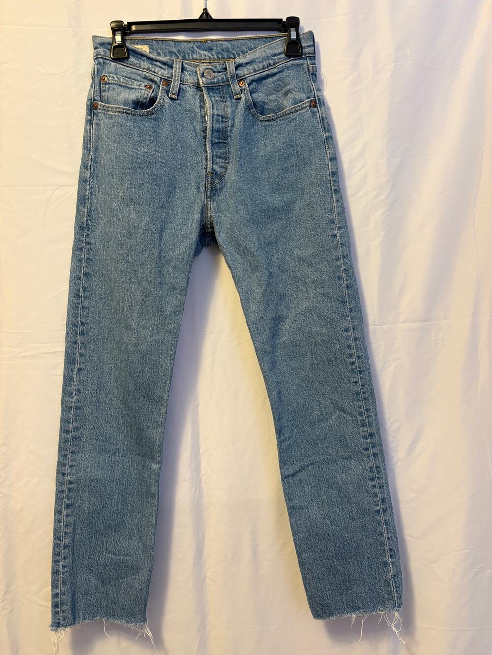 Levi's Premium 501 Jean Blue Denim Raw Hem Mid Rise Straight Leg Sz 26x28